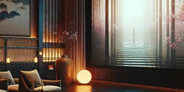 A cozy, dimly-lit private screening room featuring plush seating and abstract visuals hinting at romantic themes.