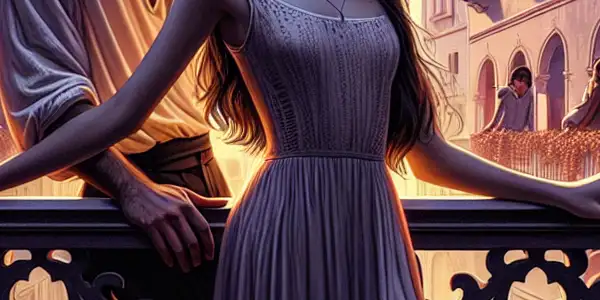 A romantic balcony scene at twilight depicting modern Romeo and Juliet amidst a backdrop of family conflict.