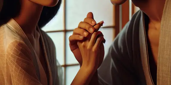 A romantic scene of a couple in a traditional Japanese room, conveying deep emotional connection and intimacy.