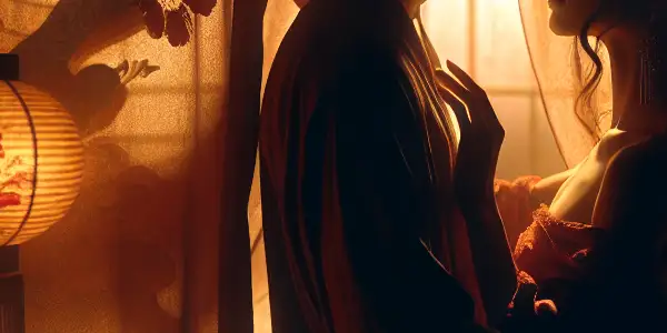 A romantic, intimate scene featuring two figures in an embrace, surrounded by warm colors and nostalgic decor.