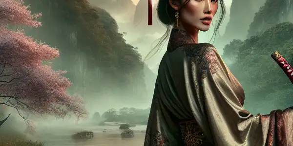 A captivating female warrior in a silk dress poses gracefully in a lush, ancient Chinese landscape at twilight.