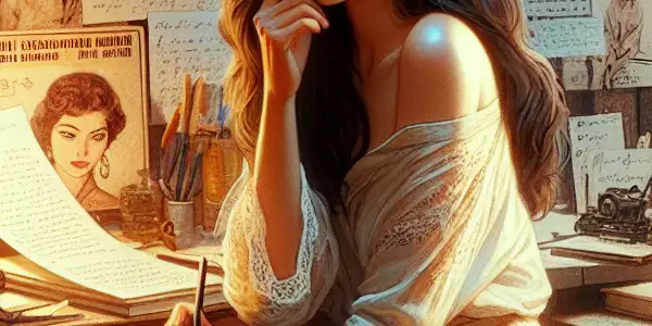 A female writer in an intimate nook, surrounded by books, immersed in crafting erotic stories.