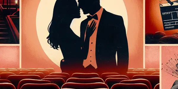 A romantic movie theater collage featuring iconic elements of erotic cinema, including silhouettes, ties, and cherry blossoms.