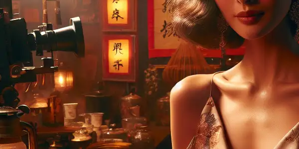 A glamorous actress in 1980s attire amidst a vintage Hong Kong film studio, evoking classic Cantonese erotic cinema.