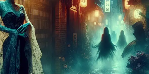 A mysterious figure in a dark Japanese alley, surrounded by ghostly apparitions and neon lights, blending allure and terror.