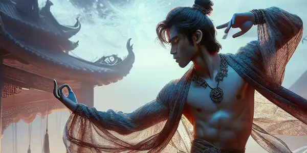 A dynamic martial artist poses in a mystical arena, surrounded by lush landscapes and a passionate atmosphere.