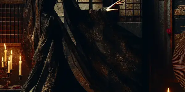 A mysterious woman in a dark gown surrounded by gothic elements, flickering candles, and scattered blood-red roses.