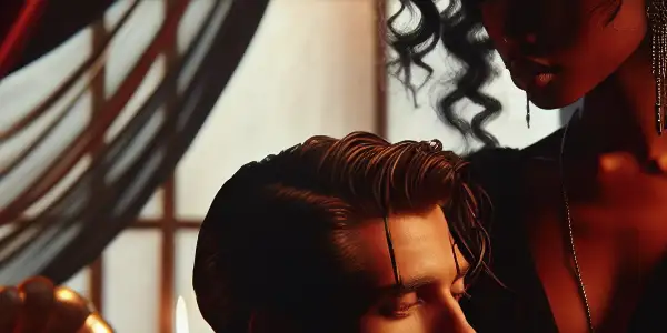 A passionate couple in a dimly lit, luxurious room, surrounded by silk curtains and a vintage record player.