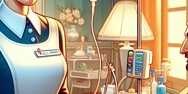 A playful nurse interacts with a relaxed patient in a stylized hospital room, blending medical elements with sensuality.