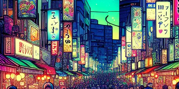 Vibrant night scene in Naha, Okinawa, featuring a bustling adult entertainment district with neon lights and diverse crowds.