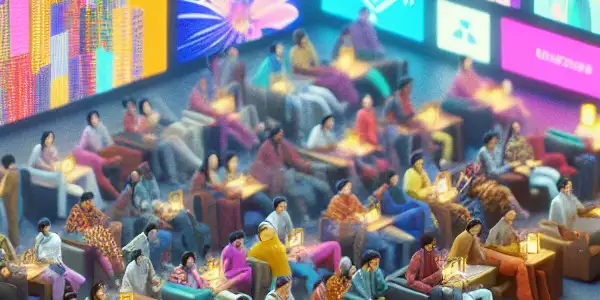 A vibrant virtual cinema filled with diverse viewers engaged in watching adult films on their screens.