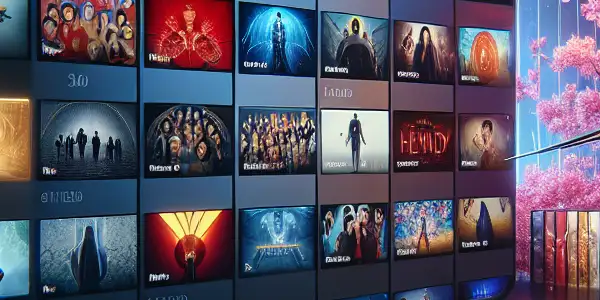 A modern digital interface showcasing a diverse collection of vibrant Japanese adult film thumbnails with user-friendly features.