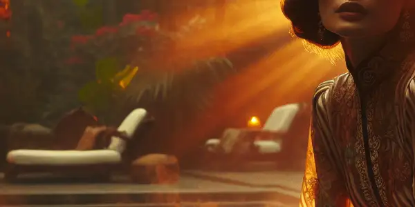 A graceful figure lounges by a romantic pool at dusk, reflecting warmth and intimacy amidst lush greenery.