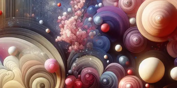An abstract digital landscape featuring colorful swirling shapes and bubbles, inspired by Japanese adult entertainment themes.