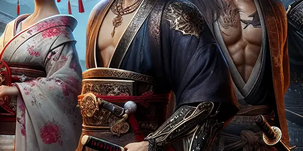 Four alluring ancient detectives in a moonlit Japanese village, engaged in a dramatic pursuit amidst cherry blossoms.