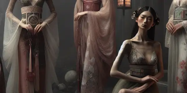 Four elegant women in a traditional Japanese garden, embodying unique personalities and intimate connections, surrounded by cherry blossoms.