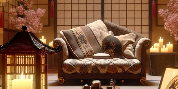 A cozy, dimly lit room with vintage Japanese decor, featuring a sofa, candle, and headphones on a table.