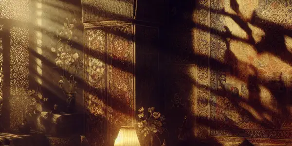 A dimly lit opulent room featuring a film projector, Persian textiles, and abstract visuals hinting at sensuality.