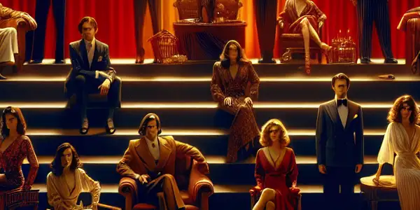 A nostalgic film set inspired by classic Japanese adult films, featuring elegant actors and rich, moody colors.