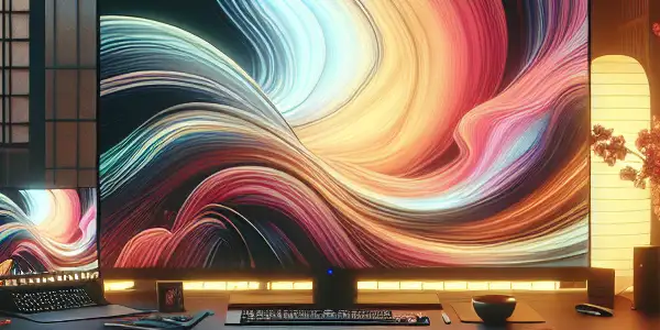 A cozy home office with a sleek computer, abstract visuals, and warm lighting, suggesting intimate exploration.