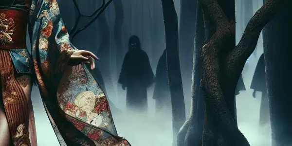 A seductive woman in a dimly lit forest, blending traditional attire with modern lingerie, embodies the eerie essence of the Snake Princess.