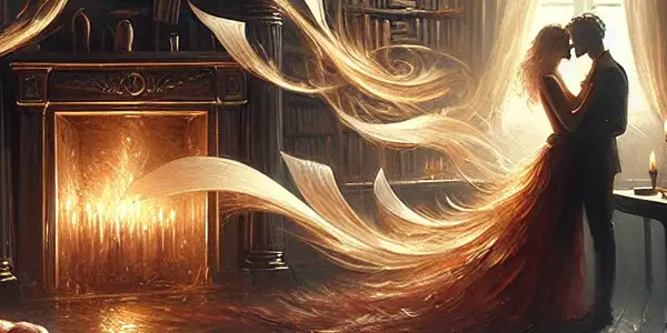 A cozy library scene featuring a plush armchair, an open book, and a couple's intimate silhouette amidst floating pages.