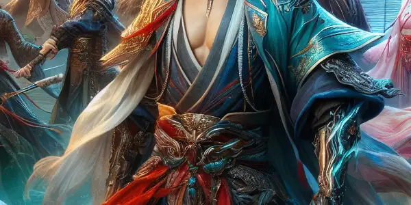 A charismatic leader surrounded by strong, sensual warrior women in a lush, adventurous setting inspired by Chinese folklore.